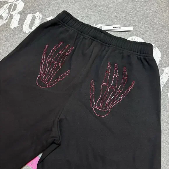 VS PINK Rhinestone Bling Halloween Skeleton Matching Campus Tee & Sweatpants Set - Picture 8 of 10